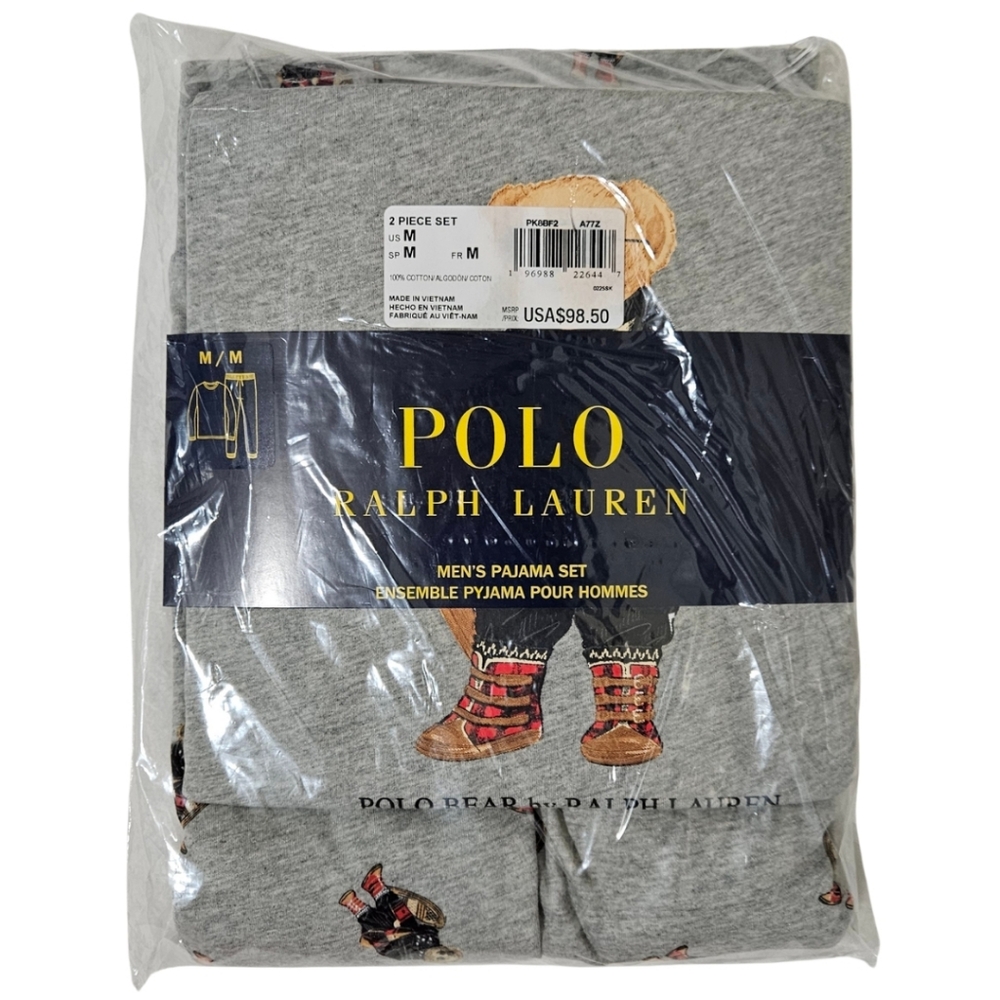 Polo Ralph Lauren Bear Pajama Set Men Medium Gray 100% Cotton